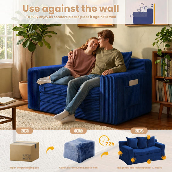 Boneless Loveseat Sofa Bed, Tri-Folding Convertible Futon Sleeper with Handle & Side Pockets, 54'' Boneless Couch with Hook and Loop No Assembly for Small Space,Living Room & Bedroom8