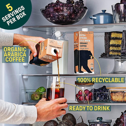 Wandering Bear Straight Black Organic Cold Brew Coffee - 32 Fl Oz, 6 Pack | Extra Strong, Bold, Smooth, Unsweetened, Shelf-Stable, Ready to Drink & Vegan, 100% Organic Iced Cold Brewed Coffee6