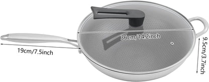 Stainless Steel Honeycomb Wok, Non-Stick Cooking Frying Pan with Lid, Stir-Fry Pan for Gas Stoves, Concave Induction, Ceramic, Electric Stoves (14.2 * 3.7In)2