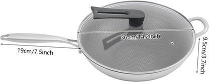 14.2 Inch Stainless Steel Stir-Fry Wok, Cooking Frying Pan, Non Stick Honeycomb Skillet with Stay Cool Handle, Class Lid, Suitable for Induction, Ceramic, Electric, and Gas Cooktops4
