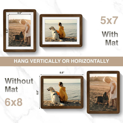 6X8 Picture Frame, Solid Walnut Wood with Mortise and Tenon Joinery, Handcrafted Photo Frame with Mat for 5X7, High-Definition Tempered Glass, Wall or Tabletop Display3