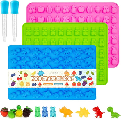 Gummy Candy Molds - Silicone Mini Gummy Bear/Dinosaur/Fruit Snack Molds with 2Pcs Dropper,Non-Stick and Bpa Free for Candy Chocolate Gummies Baking1