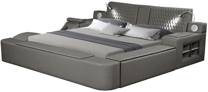 Smart Multifunctional Queen Size Bed, Wood Frame, Gray Upholstery, Massage Chaise, USB Charging, Storage Drawers, LED Lights, Bluetooth Speakers, Modern Design for Bedroom Comfort And8