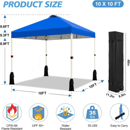 10X10 Pop up Canopy Tent, 1-Button Push Setup Canopy Tent, Adjustable Height Instant Portable Shelter, Portable Roller Bag, Easy Outdoor Sun Shade for Events, 4 Weight Bags, Blue5