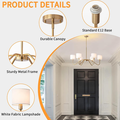 Modern Gold 6-Lights Chandelier, 39" Pendant Light with White Fabric Shade Adjustable Classic Chandelier Light Fixtures for Kitchen Island Dining & Living Room Entryway4