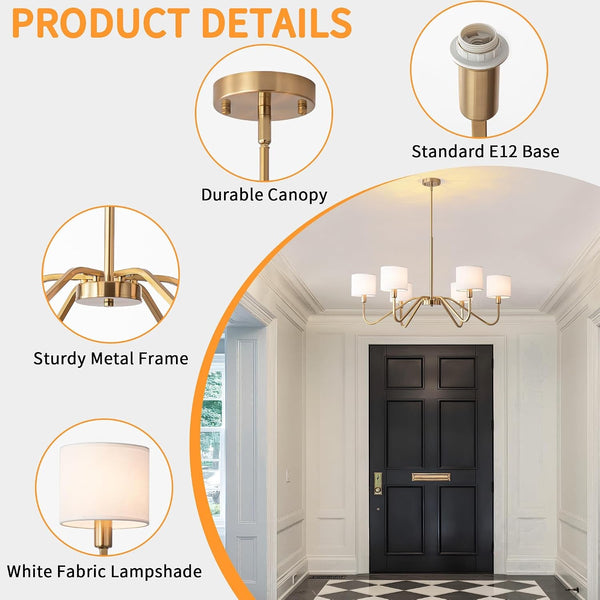 Modern Gold 6-Lights Chandelier, 39" Pendant Light with White Fabric Shade Adjustable Classic Chandelier Light Fixtures for Kitchen Island Dining & Living Room Entryway4