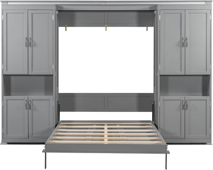 Modern Full Murphy Bed with Dual Sliding Doors Storage Cabinets, Wood Hidden Wall Bed with Dual 6-Tier Side Shelves, Large-Capacity& Space-Saving (Gray-12.9)9