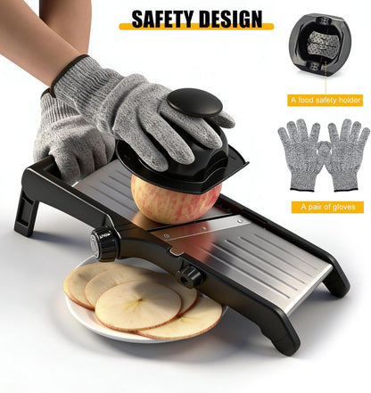Mandoline Slicer for Kitchen, 7-In-1 Adjustable Vegetable Slicer | Stainless Steel Food Slicer, Adjustable Blade, Slices, Julienne, Waffle and French Fries Cut, Includes Gloves and Brush6