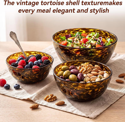 3 Pcs Tortoise Shell Glass Mixing Bowls Set(4.5Qt, 2.7Qt, 1.1Qt)4