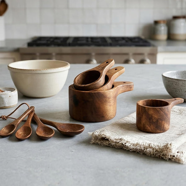 8PCS Wooden Measuring Cups and Spoons Set, Kaloo Natural Solid Acacia Wood Measuring Cups for Dry and Liquid Ingredients (Laser Engraved Measurements)8