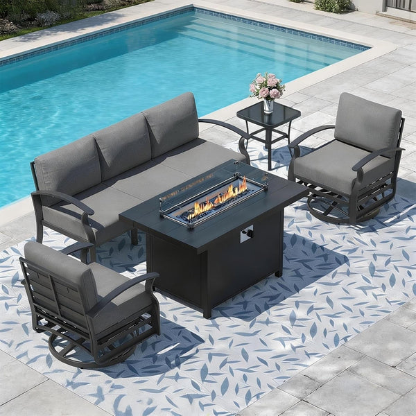 Aluminum Outdoor Patio Furniture Set,5 Pieces 5 Seats Metal Patio Sectional Furniture Set,Patio Conversation Sets with 45" Propane Fire Pit Table,Swivel Rocking Chairs Set,Grey8