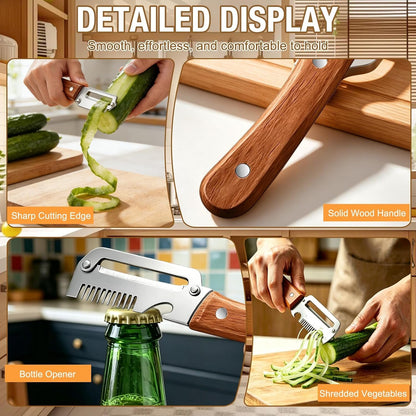 Multifunctional Vegetable Peeler 3-In-1, Julienne Peeler, Fruit Peeler Knife with Ergonomic Wood Handle, Stainless Steel Blade for Efficient Peeling, Grating & Slicing（2Pcs)4