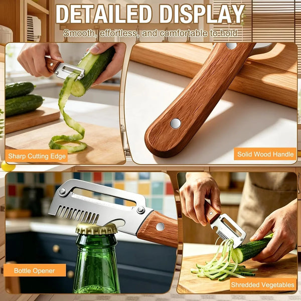 Multifunctional Vegetable Peeler 3-In-1, Julienne Peeler, Fruit Peeler Knife with Ergonomic Wood Handle, Stainless Steel Blade for Efficient Peeling, Grating & Slicing（2Pcs)4