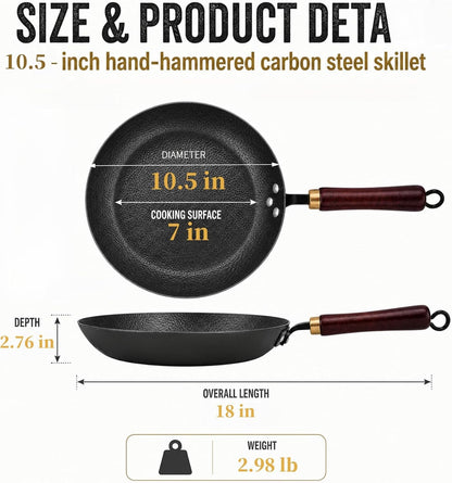 10.5" Hand Hammered Carbon Steel Skillet for Searing | Uncoated Surface; Removable Handle for Oven Use, Smoother Food Release with Seasoning, and Compatibility with All Stovetops.5