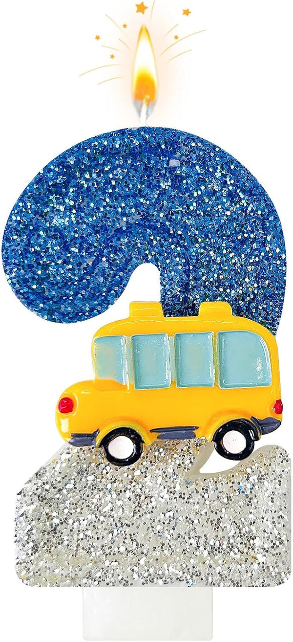2St Birthday Number Candles for School Bus Blue and Silver Birthday Decorations for Boys for Cakes, Parties, Anniversary Celebrations, Bakery Decorations (Number-02)1
