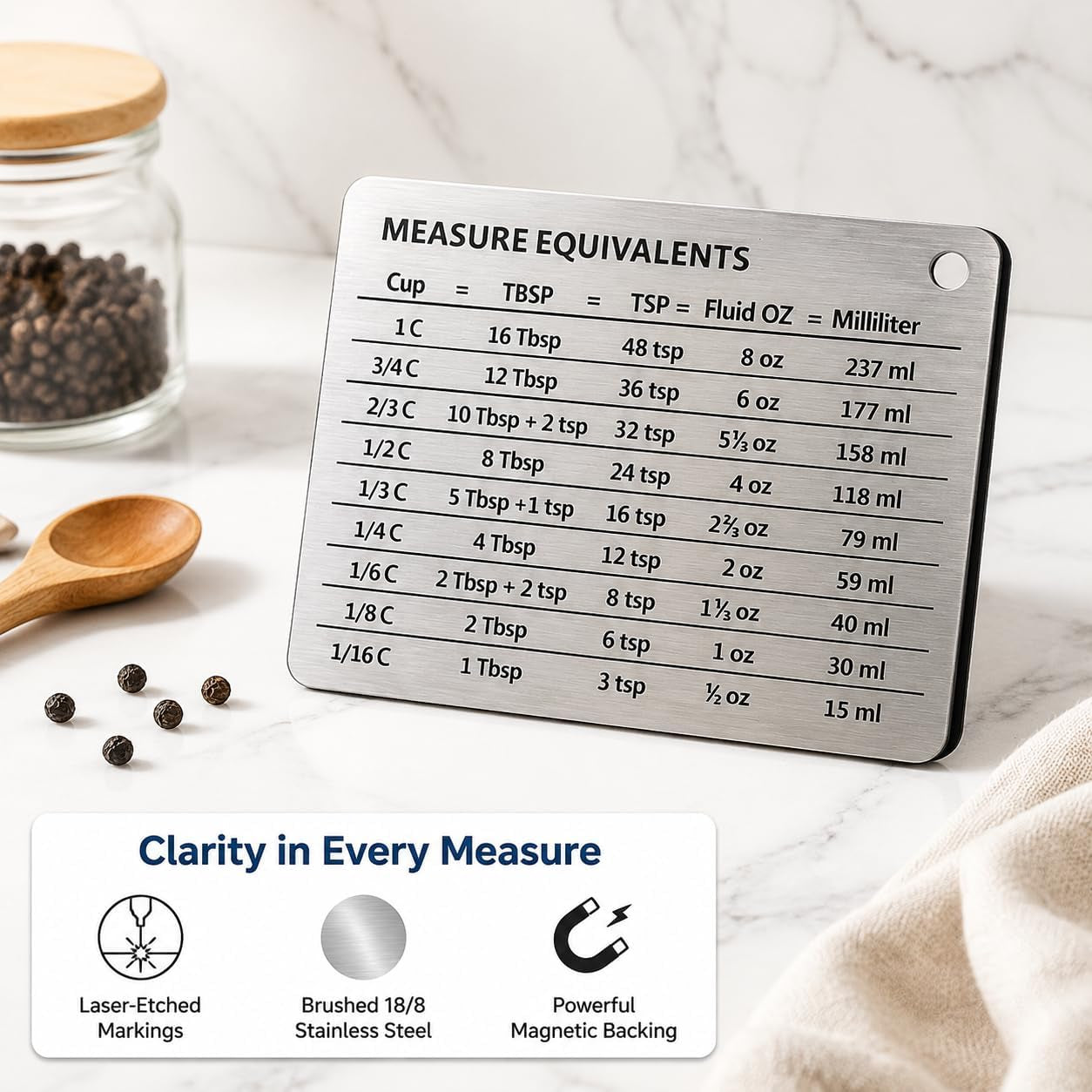 measurement-conversion-chart-with-strong-magnet-backing-stainless-measurement-conversions-for-cups-tablespoons-teaspoons-fluid-oz-and-milliliters-silver