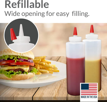 Condiment Squeeze Bottles 16Oz Wide Mouth Empty Squeeze Bottle Set with Red Tip Leak Proof, BPA Free - Squeeze Bottles for Sauces, Oils, Arts Crafts 6 Pack8