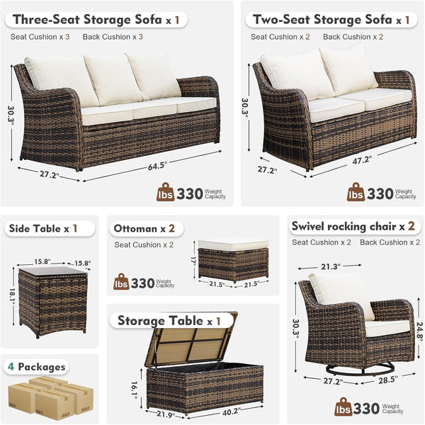 Patio Furniture Set with Swivel Rocking Chairs, 8 Pieces Patio Conversation Set, Outdoor Wicker Sofa Couch with Waterproof Cushions for Lawn Backyard Porch (Brown)2