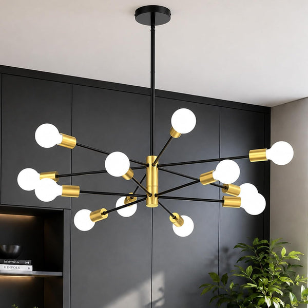 Sputnik Chandelier 12-Light, Mid Century Modern Height Adjustable Ceiling Light Fixture for Dining Room, Kitchen Island, Living Room,Bedroom-Black and Gold1
