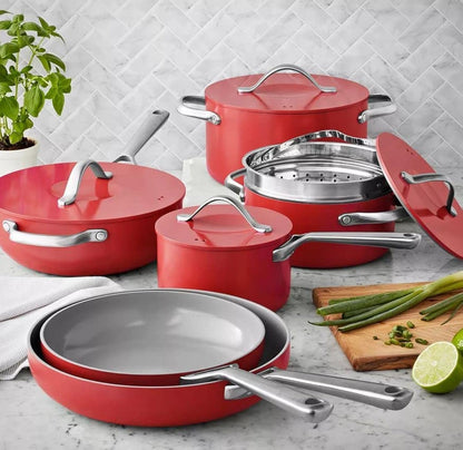 Member Mark 11 Piece Modern Ceramic Cookware Set with Smart Kitchen Tools Set (Assorted Colors) (Red)1
