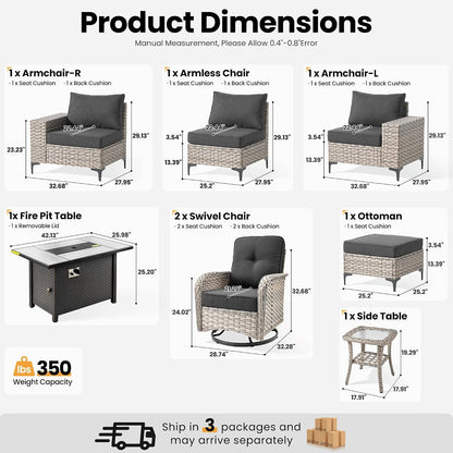 8-Piece Patio Furniture Set with L-Shaped Sofa Chaise, Outdoor Modular Sectional Couch Swivel Gliders Fire Pit Table, Modern Wicker Rattan Conversation Set, Black8