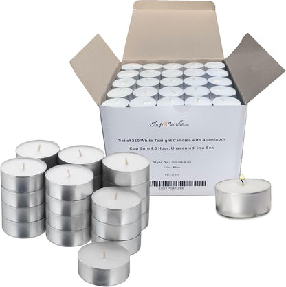 Tea Light Candles in Metal Cups - 4.5 Hours Clean, Long Burning White Unscented - 250 Votive Candles Bulk for Romantic Dinner, Wedding, Spa & Hotels by PARNOO1