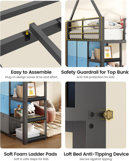 Twin Loft Bed with Desk and Storage for Kids, Metal Low Loft Bed Twin with 9 Drawers, 3-Tier Shelves, Led Lights, Safety Guardrail, No Box Spring Needed,Grey8