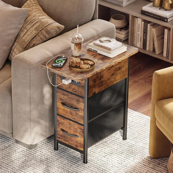 Narrow End Table with Charging Station, Side Table with 2 Drawers | Slim Night Stand with USB-C Port for Small Spaces, Flip Top Nightstand Bedside Couch Table, Living Room, Rustic Brown2
