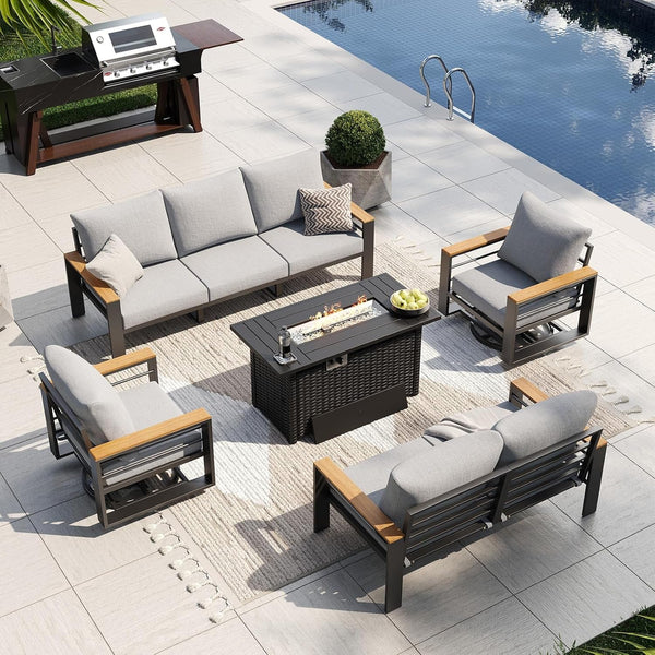 Aluminum Patio Furniture Set with Swivel Chairs & Firepit Table1