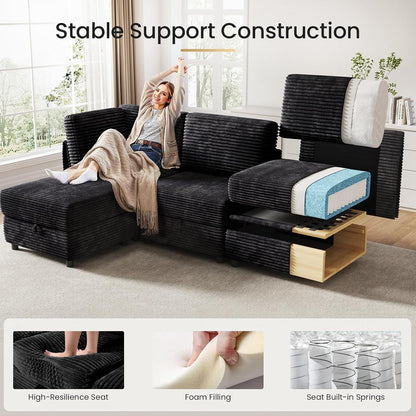 Modular Sectional Sofa U-Shaped 6 Seater Couch with Storage Ottoman, Convertible L-Shaped Plush Wide-Wale Corduroy Couch for Living Room, Apartment, Modern Design, Black6
