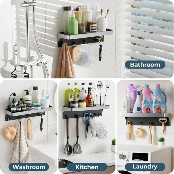 Shower Caddy Adhesive with 5 Hooks & Drainage, No-Drill, Silver8