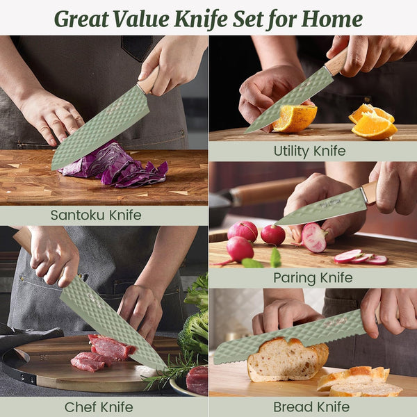 Knife Block Set, 12 Pieces Kitchen Knife Set with In-Drawer Knife Block, Stainless Steel Knife Set with 6PCS Steak Knives, Ultra Sharp Non-Stick Coating Chef Knife Set,Drawer Knife Organizer (Pink)3