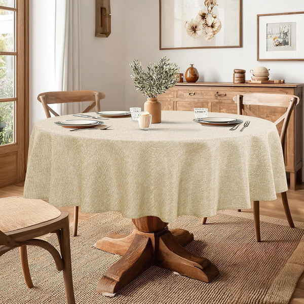 round Table Cloth Faux Linen Farmhouse Tablecloth Wrinkle and Stain Resistant Decorative Fabric Table Cover for Kitchen, Dining Room, Parties and Camping, Beige, 90 Inch Round5