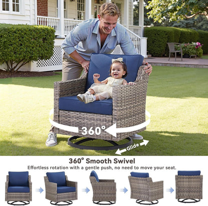 Outdoor Patio Furniture Set-5 Pieces All-Weather Wicker Outdoor Furniture with Swivel Patio Chairs Outdoor Patio Conversation Sets for Garden Porch Deck Grey/Blue2