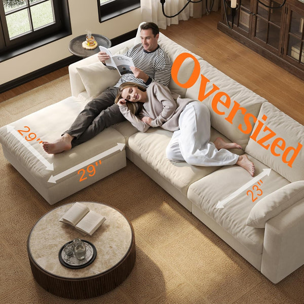 99" Cloud Modular Sectional Sofa with Storage, L‑Shaped Couch with Movable Ottoman, 4 Seater Oversized Cloud Sofa for Living Room, Chenille Fabric, Solid Wood Frame, Tool‑Free Assembly, Beige5