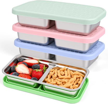 4 Pack Stainless Steel Snack Containers, Leak-Proof 2 Compartment Lunch Boxes with Silicone Lids, Reusable Metal Snack Box for Meal Prep, Travel, Outdoor & Daily Use (2 Compartments – A)1