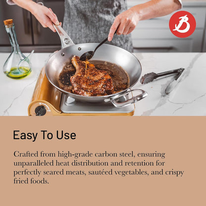 MINERAL B Pro Carbon Steel Country Fry Pan with Helper Handle - 12.5” Diameter, 9” Cooking Surface - Ideal for Sauteing, Simmering, Frying - Naturally Non-Stick Finish - Made in France5