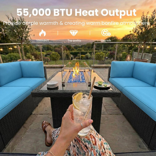 8 Pieces Patio Furniture Set with 44" Propane Gas Fire Pit Table, Outdoor Sectional Wicker Conversation Sofa Sets with Coffee Table3