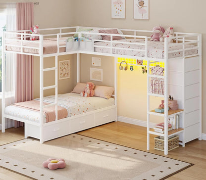 Triple Bunk Bed Twin over Twin with 9 Storage Drawers and LED Lights, White1