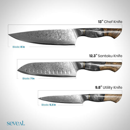 Damascus Kitchen Knife Set | 67-Layer Damascus Steel | Professional Set: 13” Chef, 12.3” Santoku & 9.8” Utility Knife | Ergonomic Wood & Resin Handle | Gift Box Included (Black, 3-Piece Set)3