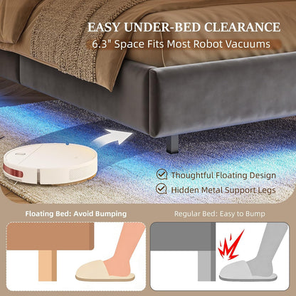 King Floating Bed Frame, Charging Station & LED Lights, Grey6
