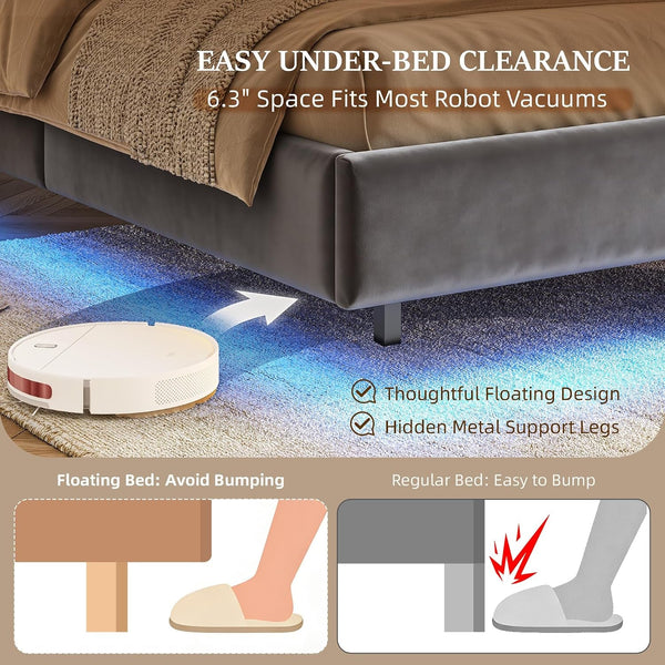 King Floating Bed Frame, Charging Station & LED Lights, Grey6