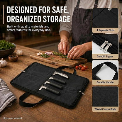 Knife Roll,Heavy Duty Knife Bag,Waxed Canvas Knife Case with 4 Slots for Knives & Kitchen Tools,Chef Knife Bag with Handle.Portable Knife Roll Bag for Stroage Home Traveling Camping.Case Knives Pouch3