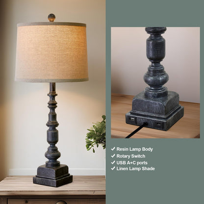27.75" Farmhouse Table Lamps Set of 2 for Living Room, USB A+C Port4