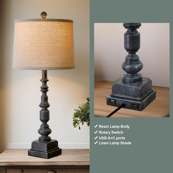 27.75" Farmhouse Table Lamps Set of 2 for Living Room, USB A+C Port4