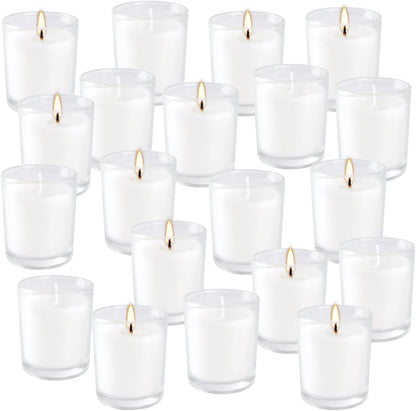 20 Pack Unscented White Clear Glass Filled Votive Candles | Soy Wax, Smokeless, Hand Poured Wax Candles Ideal for Aromatherapy, Spa, Weddings, Birthdays, Holidays & Party Decor1