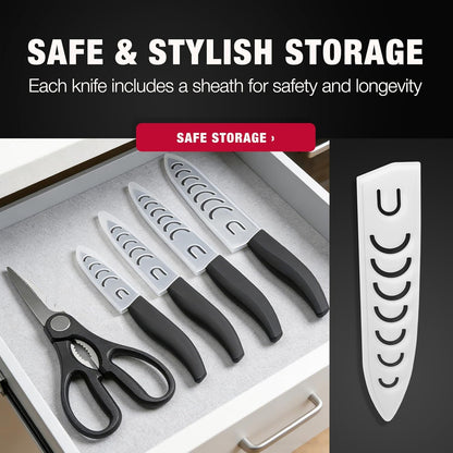 Ceramic Knives Set for Kitchen in Gift Box, 5 Ceramic Knife with Cover with Scissors, 3" 4" 5" 6" Ultra Sharp Knives for Home Cooks, Lightweight, Rust-Free, Dishwasher Safe (Black Handle)6