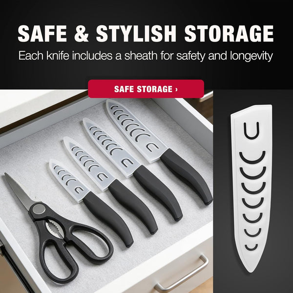 Ceramic Knives Set for Kitchen in Gift Box, 5 Ceramic Knife with Cover with Scissors, 3" 4" 5" 6" Ultra Sharp Knives for Home Cooks, Lightweight, Rust-Free, Dishwasher Safe (Black Handle)6