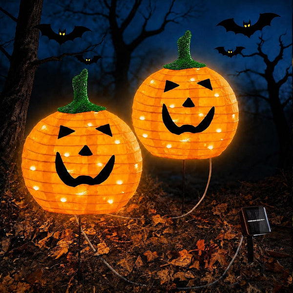Solar Halloween Pumpkin Lights, 2 Pack Outdoor Pathway Stake Lights1