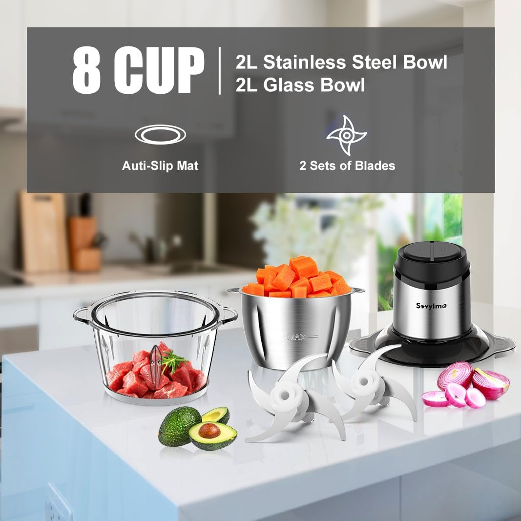 food-processor-2-speed-electric-food-chopper-small-meat-grinder-with-8cup-stainless-8cup-glass-bowls-2-bi-level-blades-great-for-onion-baby-food-garlic-nuts-fruit-and-vegetables